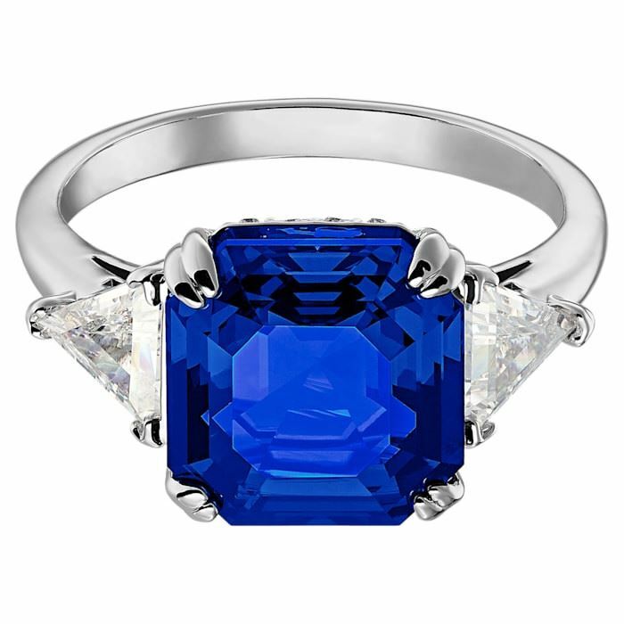 Attract Trilogy cocktail ring Square cut crystal, Blue, Rhodium plated
