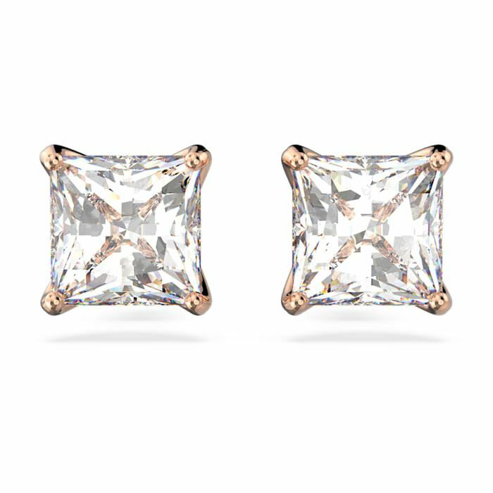 Attract stud Earrings Square cut crystal, White, Rose-gold tone plated