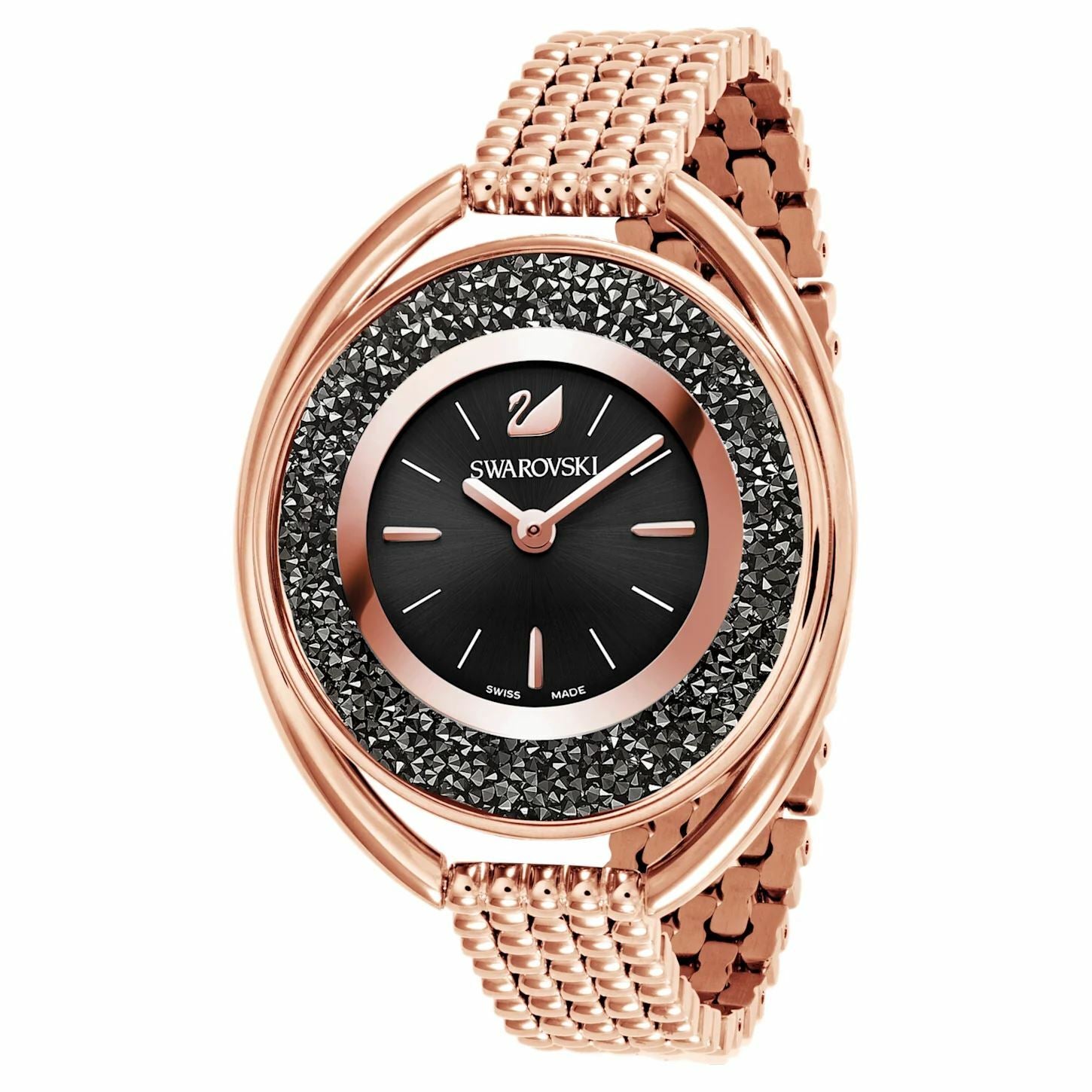 Crystalline Oval Watch Metal bracelet, Black, Rose-gold tone PVD