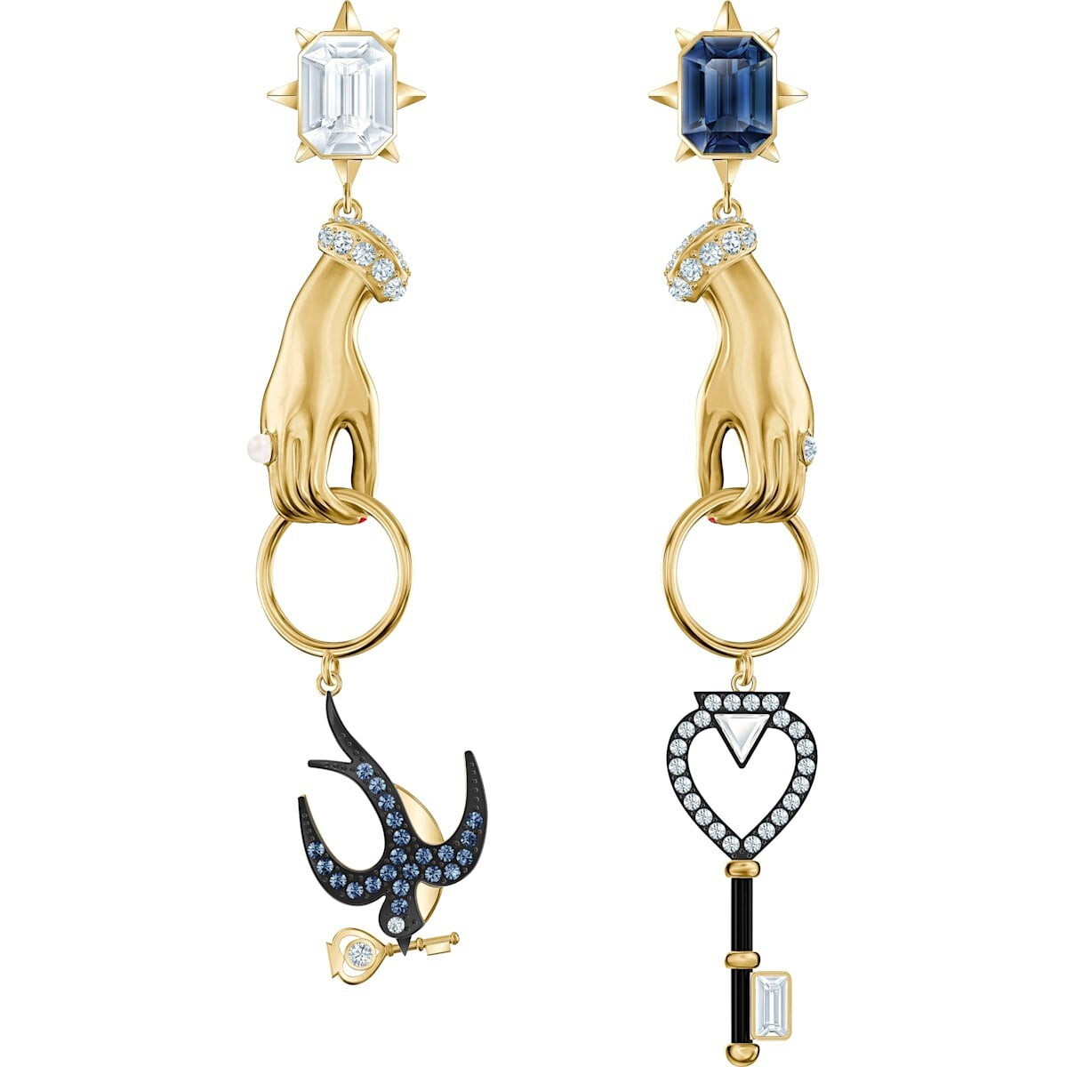 Genuine Swarovski Tarot Magic Earrings Hand Swallow Key Gold Plated 5482975