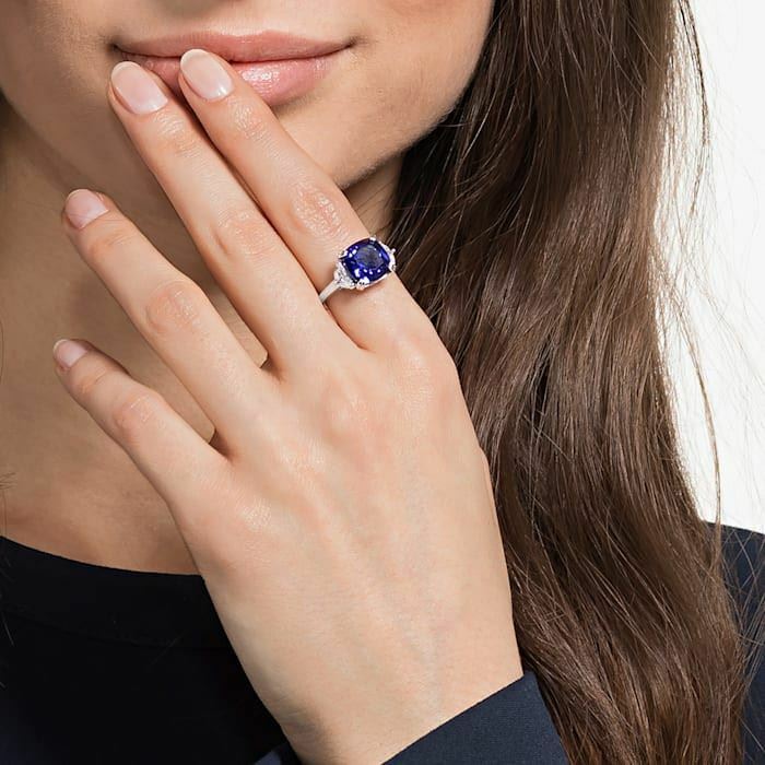 Attract Trilogy cocktail ring Square cut crystal, Blue, Rhodium plated