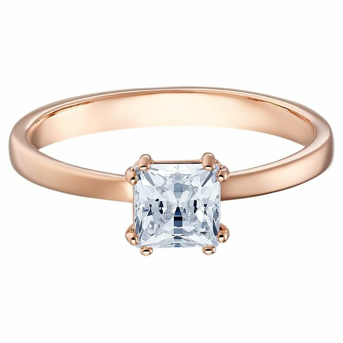 Attract ring Square cut crystal, White, Rose-gold tone plated