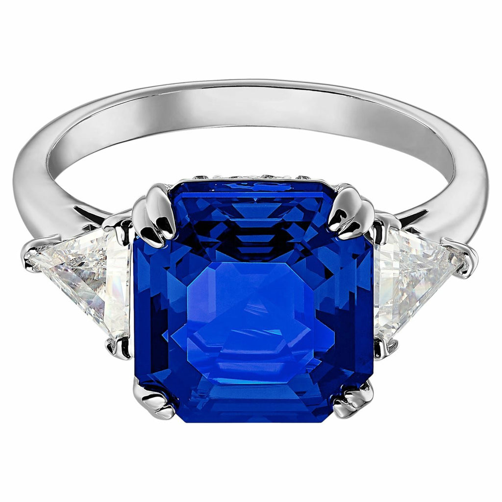 Attract Trilogy cocktail ring Square cut crystal, Blue, Rhodium plated