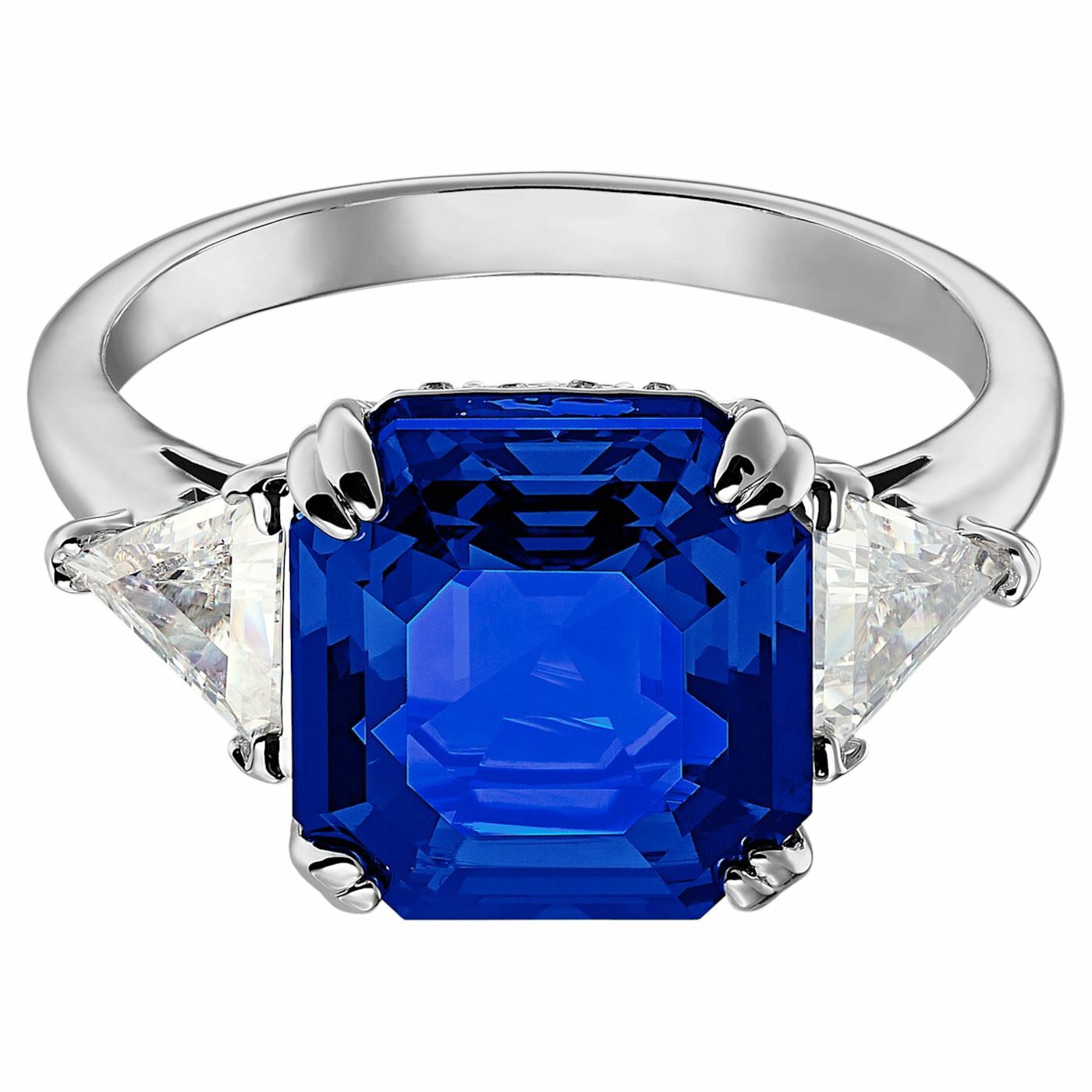 Attract Trilogy cocktail ring Square cut crystal, Blue, Rhodium plated