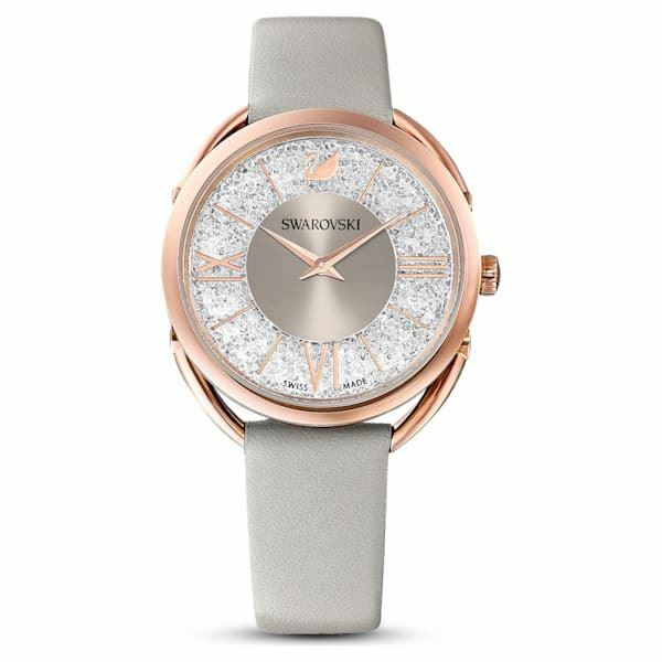 Swarovski Crystalline Glam watch Leather strap, Grey, Rose-gold tone 5452455