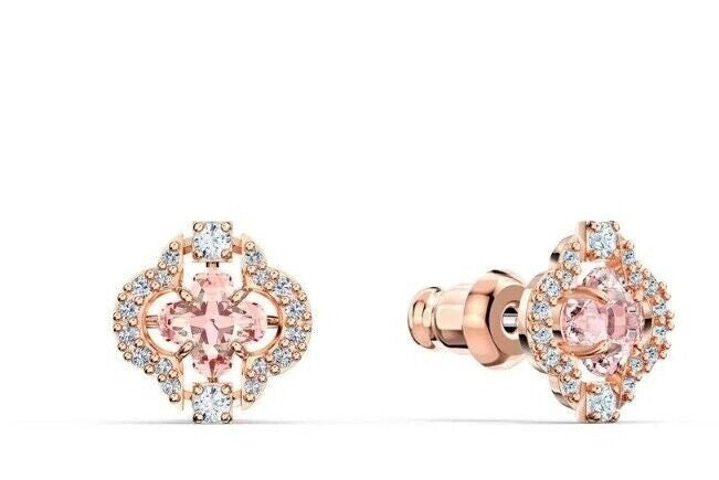Genuine Swarovski Rose Gold Sparkling Pink Clover Necklace Earrings set 5516488