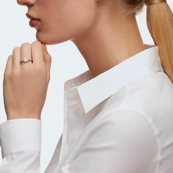 Attract ring Round cut crystal, White, Rhodium plated