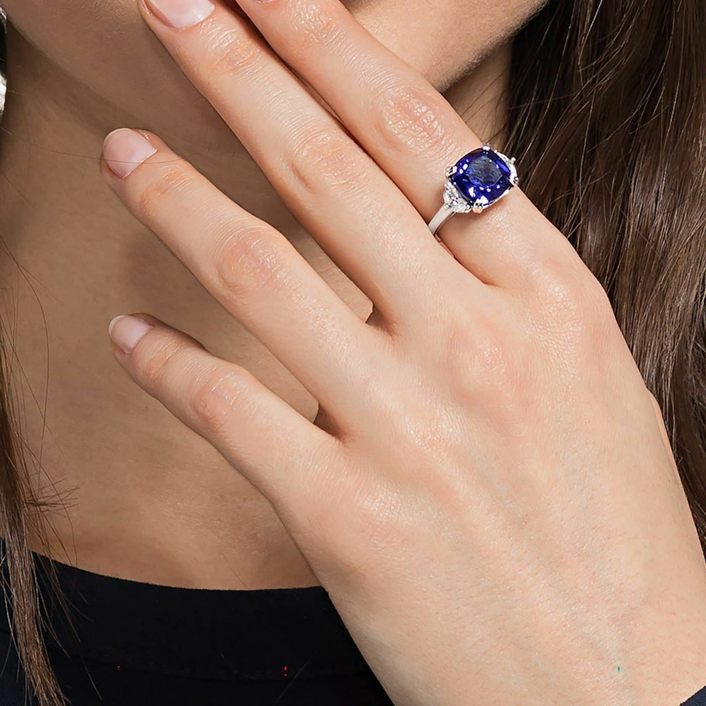 Attract Trilogy cocktail ring Square cut crystal, Blue, Rhodium plated