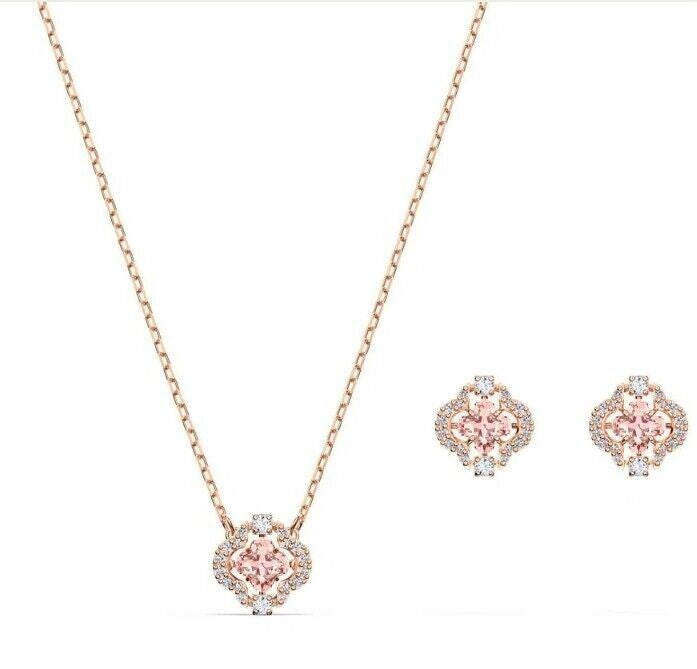 Genuine Swarovski Rose Gold Sparkling Pink Clover Necklace Earrings set 5516488