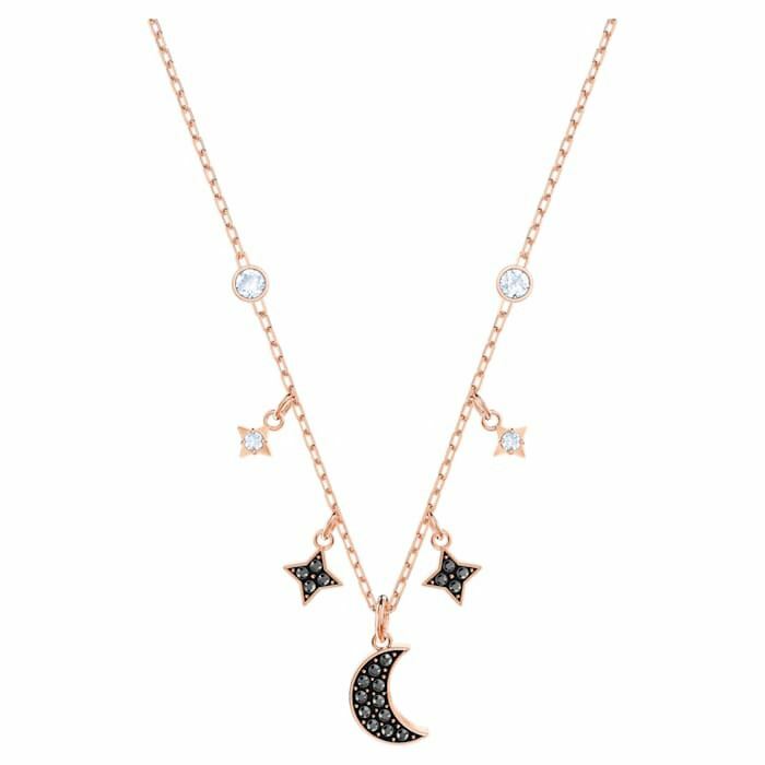 Swarovski Symbolic necklace Moon and star, Black, Rose-gold tone plated