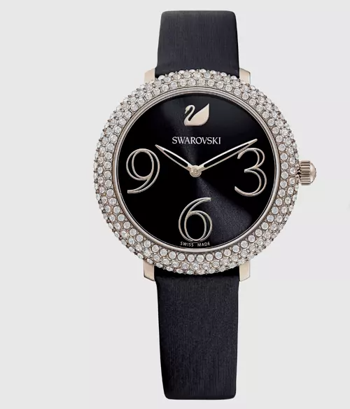 Genuine Swarovski Quartz Crystal Frost Ladies Black Dial Rosegold Watch  5484058