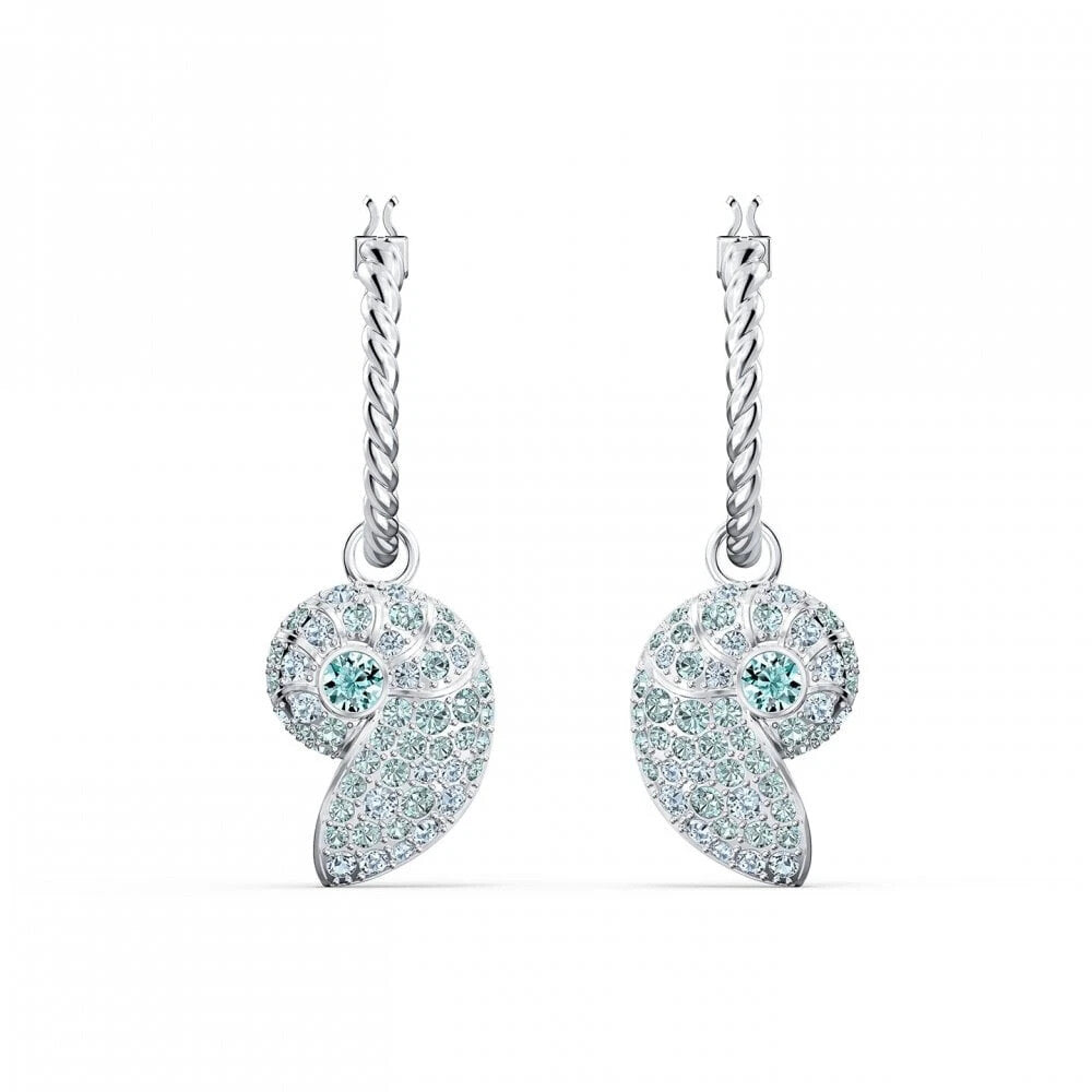 Genuine Swarovski Shell Nautilus Rhodium plated Aqua Pierced Earrings 5520670