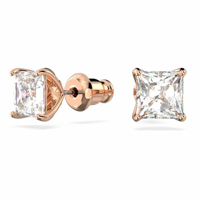 Attract stud Earrings Square cut crystal, White, Rose-gold tone plated